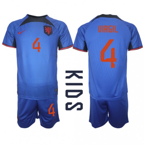 Echipament fotbal Olanda Virgil van Dijk #4 Tricou Deplasare Mondial 2022 pentru copii maneca scurta (+ Pantaloni scurti)